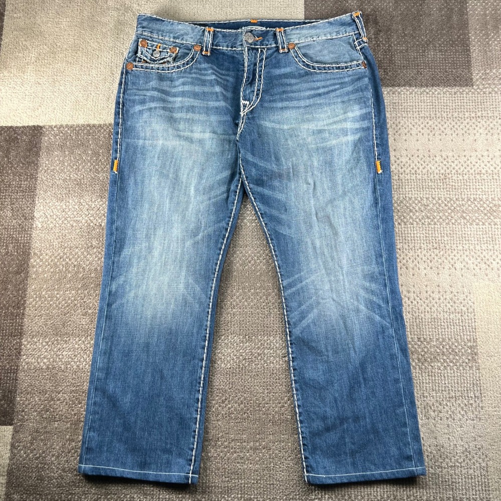 True Religion Ricky Relaxed Straight Blue Jeans Mens 38 Thick Stitch Whiskered